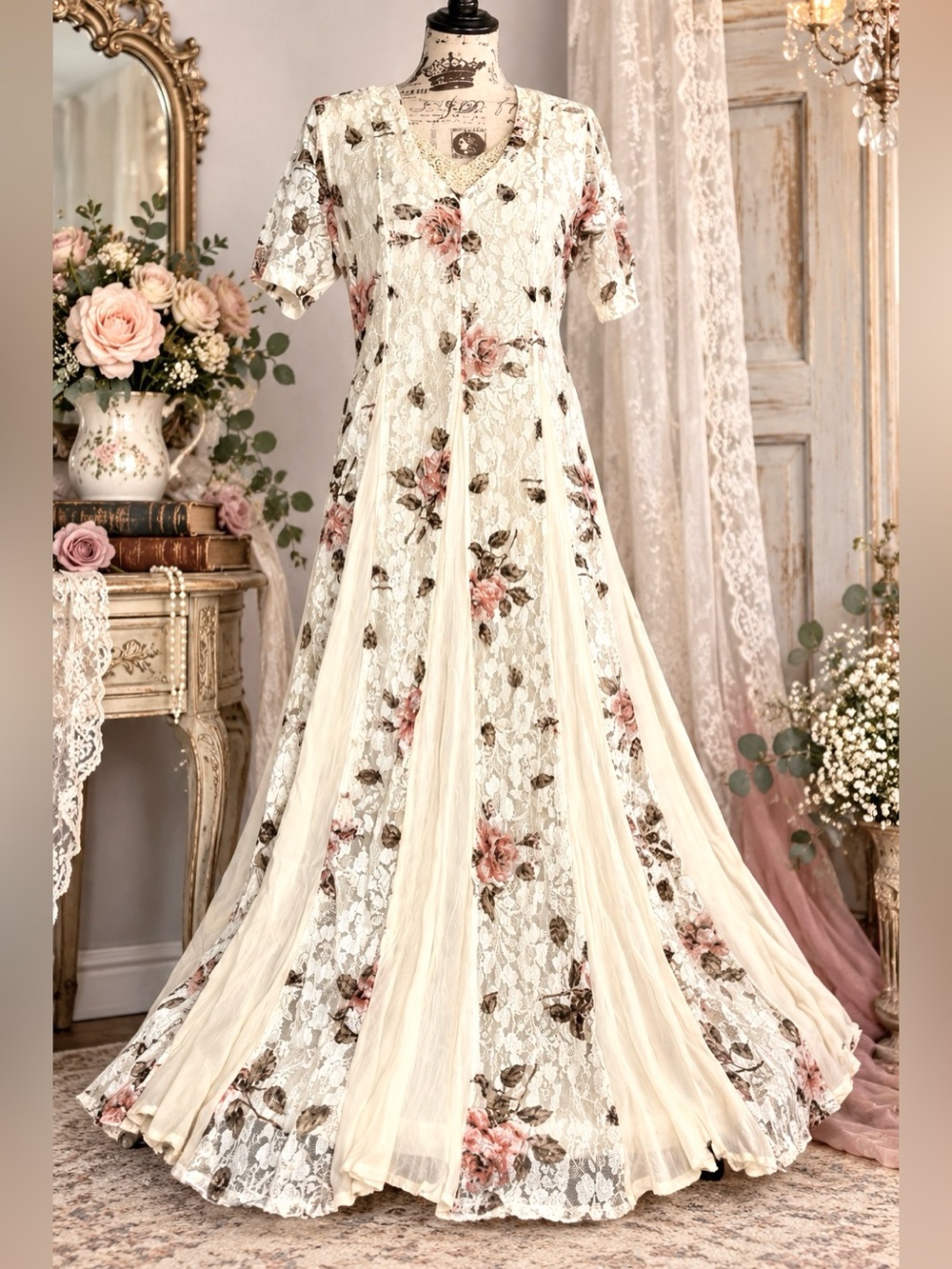 Vintage 1980s Starina Floral Lace Maxi Dress Cream Cottagecore Romantic Boho